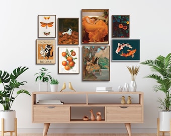 Eclectic Orange Gallery Wall Set of 8, Maximalist Wall Art, Orange Gallery Wall Prints, DIGITAL PRINTABLES, Frederic Leighton, Edgar Degas