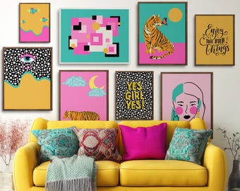 Funky Gallery Wall Set of 8 Prints Abstract Posters Pop Art Wall Decor Maximalist Wall Art Colorful Posters Retro Art Prints Evil Eye Print