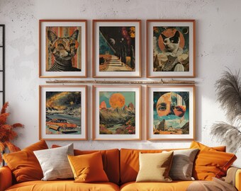 Surreal Collage Gallery Wall Set of 6 DIGITAL Prints RETRO Wall Art Surreal Posters Funky Art Prints Cat Portrait Mixed Media Art Prints