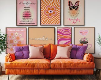 Pink& Coral Peach Self Love Gallery Wall Set of 7 Prints, Self Love Club, Aura Poster, Mental Health Art, Gradient Poster, Retro Aesthetic