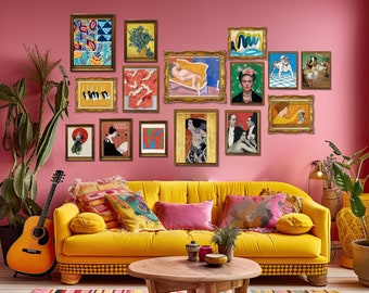 Eclectic Gallery Wall Set of 15 Vibrant Wall Art Prints Colorful Poster Set, Frida Kahlo Poster Gustav Klimt Print Paul Klee Art Van Gogh