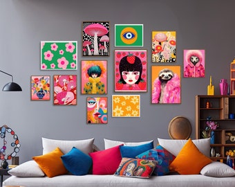 Colorful Funky Art Prints Maximalist Wall Art Eclectic Poster Set Abstract Prints Quirky Wall Art Preppy Poster Set Vibrant Gallery Wall