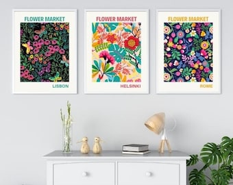 Flower Market Print Set of 3| Triptych Wall Art| Colorful Botanical Prints| Rome Flower Market Poster| Lisbon Flower Market| Florist Gift|