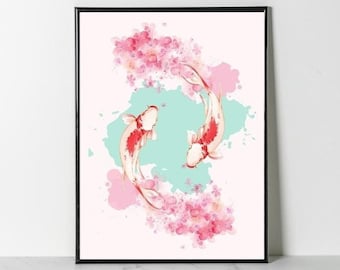 Quadro decorativo de parede com carpas koi em aquarela, pôster de carpas koi em tons pastel, arte de parede para imprimir, decoração de parede para sala de estar, DOWNLOAD DIGITAL, arte de parede japonesa.