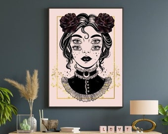 Four Eyed Witch Wall Art Print, Gothic Poster, digital printables, witchy wall art, mystical art posters, occult wall decor, halloween gifts