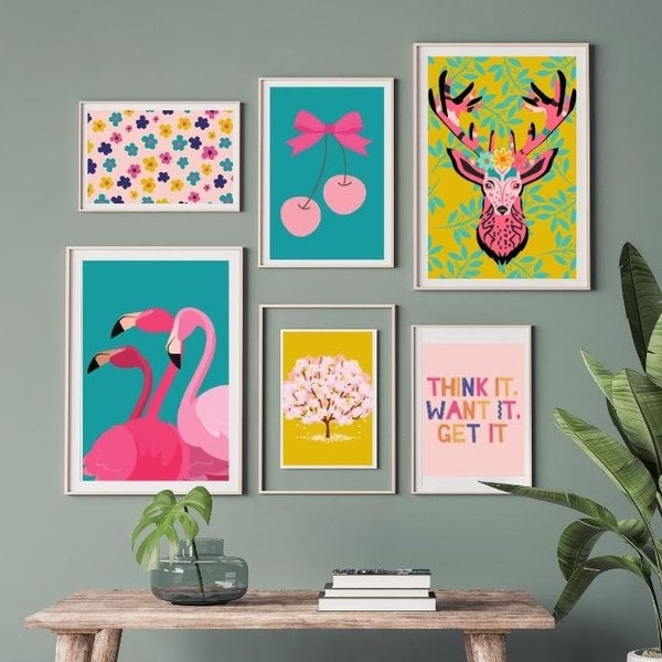 Retro Gallery Wall Set, Set of 6 Prints, Preppy Wall Art, Colorful Posters, Nursery Room Wall Decor, Vibrant Wall Art, DIGITAL PRINTABLES