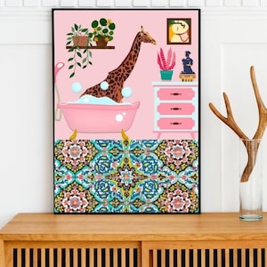 Bathing Giraffe Pink Wall Art, Animal in Bath Print, Maximalist Wall Art, Pink Giraffe Printable, Bathroom Wall Decor, DIGITAL DOWNLOAD image 1