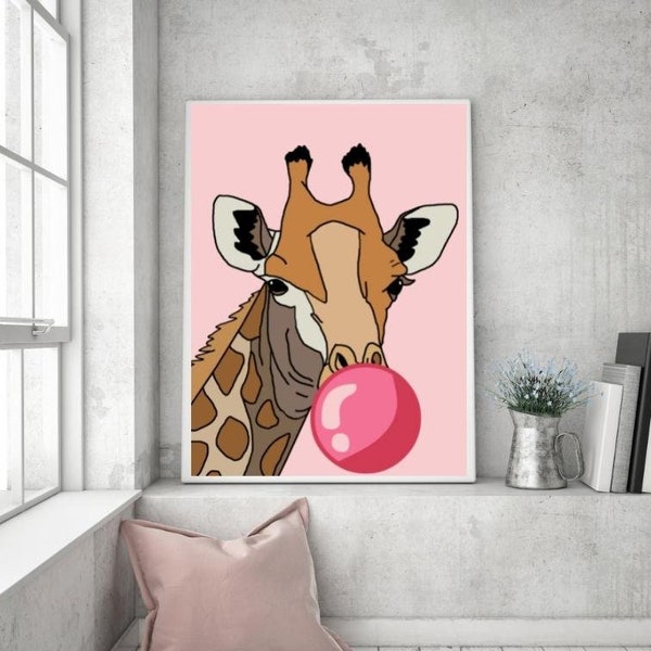 Bubble Gum Giraffe Pink Preppy Wall Art, Surreal Animal Poster, Fun Wall Art, DIGITAL PRINTABLES, Pop Art Poster, Pink dorm room wall decor