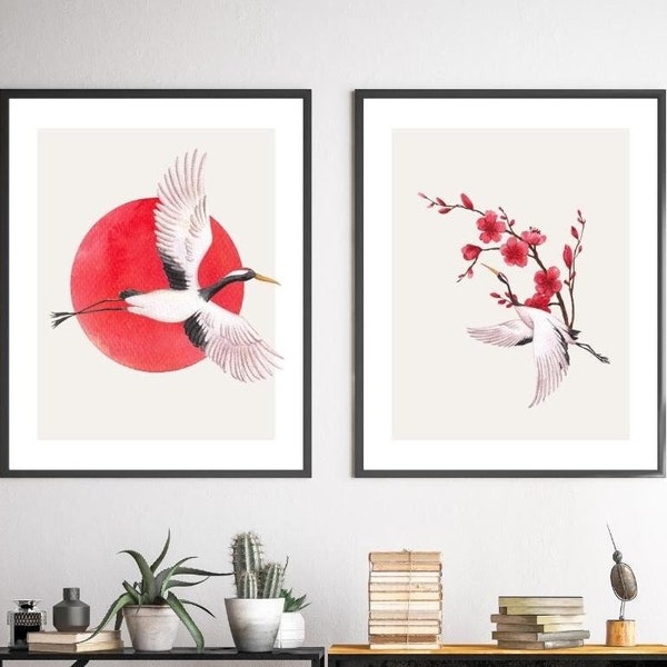 Red-Crowned Crane Printable Wall Art Set of 2, japanese crane posters, digital printables, livingroom wall decor, minimalist trendy wall art