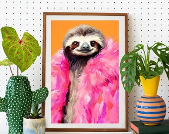 Sloth in Pink Fur Funky Animal Fashion Art Print Maximalist Wall Art Anthropomorphic Animal Portrait Hipster Poster Quirky Nursery Wall Art