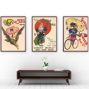 set of 3 vintage Sunday World posters, antique wall art prints, digital printables, vintage wall decor, vintage print set of 3, home gifts