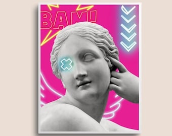 Impression d'art mural BAM néon maximaliste rose vif Décoration murale éclectique Art mural vibrant, affiche funky imprimable, art mural tendance, affiches lumineuses