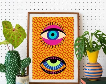 Schruiges buntes Evil Eye Poster, Retro Maximalist Wandkunst, DIGITAL PRINTABLES, Eklektisches Poster, Herunterladbarer abstrakter Kunstdruck, Neonfarben