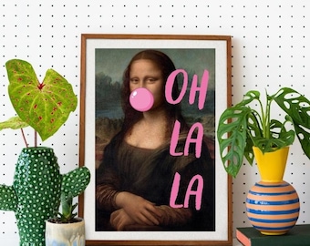 Oh La La Mona Lisa Altered Art Poster, Maximalist Wall Art, Pink Bubble Gum Mona Lisa Pop Art, Fun Quirky Wall Art, Altered Vintage Art