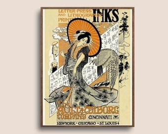 Ault & Wiborg Ink Company Litograph, Vintage Ad Poster, DIGITAL PRINTABLES, Vintage Advertising Wall Art Print, Japanese Geisha Illustration