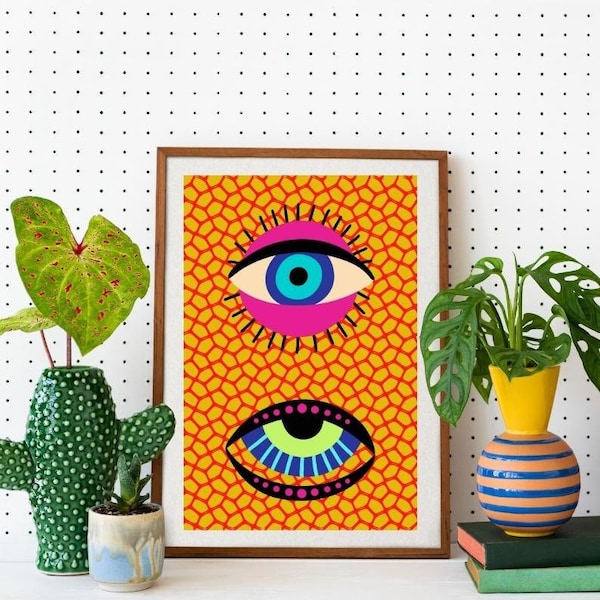 Quirky Colorful Evil Eye Poster, Retro Maximalist Wall Art, DIGITAL PRINTABLES, Eclectic Poster, Downloadable Abstract Art Print,Neon Colors