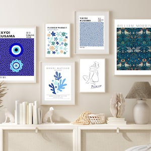 Blue Eclectic Gallery Wall Set of 6 Prints, Yayoi Kusama Poster, Henri Matisse Print, Flower Market Poster, William Morris Print DIGITAL