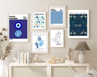 Blue Eclectic Gallery Wall Set of 6 Prints, Yayoi Kusama Poster, Henri Matisse Print, Flower Market Poster, William Morris Print DIGITAL