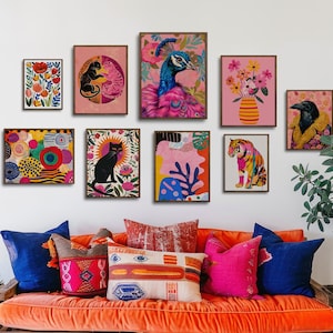 Maximalist Gallery Wall Set mit 9 Ausstellungsdrucken, flippige Wandkunst, trendiges Poster-Set, ästhetische Wanddekoration, bunte Poster, Tiermode-Kunst