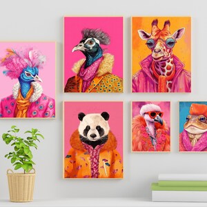 Colorful Animal Fashion Art Prints Maximalist Wall Art Funky Animal Fashion Portraits Cute Hipster Print Quirky Wall Art Preppy Poster Set image 2