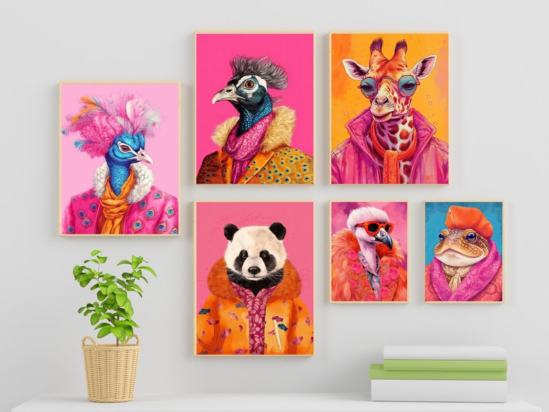 Colorful Animal Fashion Art Prints Maximalist Wall Art Funky Animal Fashion Portraits Cute Hipster Print Quirky Wall Art Preppy Poster Set image 2