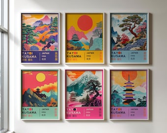 Japanese Landscape Illustrations RETRO Yayoi Kusama Exhibition Poster Set of 6 DIGITAL