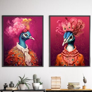 May include: Two framed illustrations of peacocks with elaborate pink and orange feathered headpieces. The peacocks are wearing ruffled collars and have a blue and orange plumage.