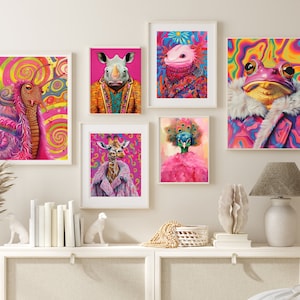 Anthropomorphe Tiermode-Kunstdrucke, maximalistische Wandkunst, flippige Tierporträts, skurrile Wandkunst, Trippy-Print-Bundle, bunte Poster