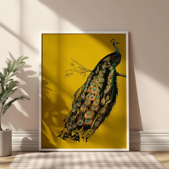 Vintage Peacock Art Nouveau Print, Mustard Yellow Wall Decor (Digital Download)