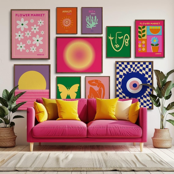 Eclectic Gallery Wall Set of 10 Prints, Colorful Travel Posters