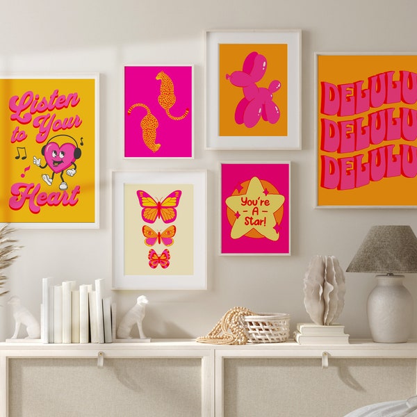 Hot Pink& Yellow Preppy Wall Art Set of 6 y2k Aesthetic Retro Gallery Wall Set Teen Room Wall Decor Maximalist Wall Art Colorful Posters