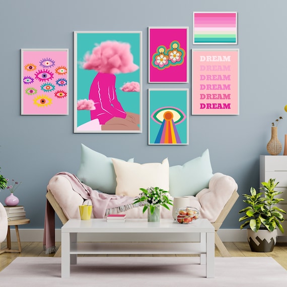 Head in The Clouds Trippy Wall Art Pink Gallery Wall Set of 6 Prints Hipster Wall Art Pastel Poster Set Daydreamer Print Evil Eye Poster