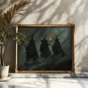 Tres brujas en la niebla, arte oscuro y sombrío, impresión DIGITAL, arte de pared de Halloween, póster de brujas, estética Witchcore, arte de pared gótico melancólico para imprimir