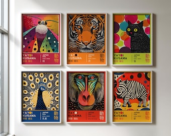 Yayoi Kusama Japanese Pop Art Animal Exhibition Poster Set of 6 DIGITAL, Tiger, Cat, Moth