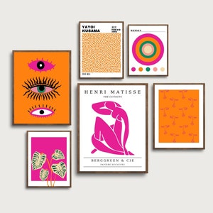 Pink& Orange Maximalist Wall Art Set of 6, Eclectic Gallery Wall Prints, Funky Wall Art, Evil Eye Poster, Yayoi Kusama Print, Bauhaus Poster