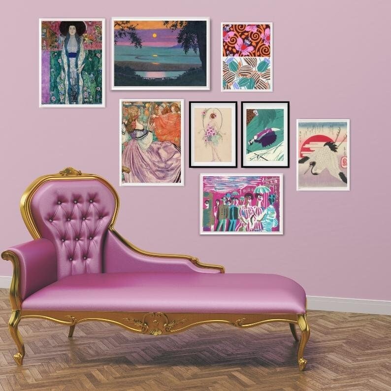 May include: A pink chaise longue with gold trim and tufted upholstery sits in front of a wall with framed artwork. The artwork features a variety of styles, including abstract, figurative, and landscape.