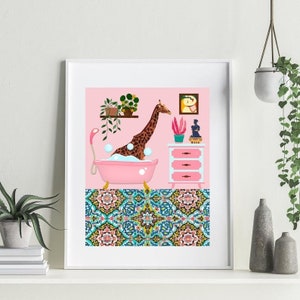 Bathing Giraffe Pink Wall Art, Animal in Bath Print, Maximalist Wall Art, Pink Giraffe Printable, Bathroom Wall Decor, DIGITAL DOWNLOAD image 6