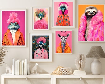 Colorful Animal Fashion Art Prints Maximalist Wall Art Funky Animal Fashion Portraits Cute Hipster Print Quirky Wall Art Preppy Print Bundle