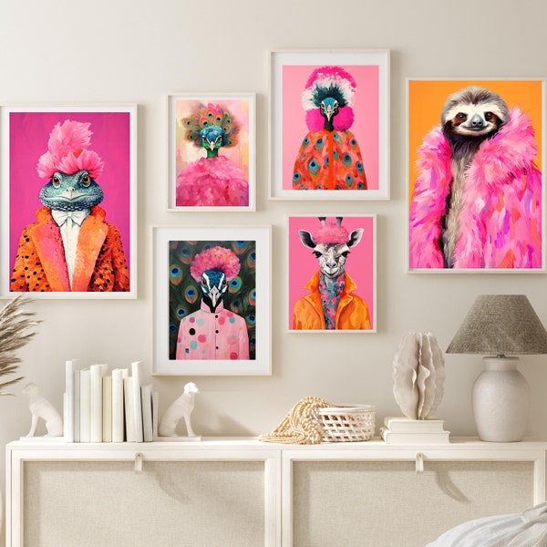 Impressions d’art de mode animale colorée Art mural maximaliste Portraits de mode animale funky Impression hipster mignonne Art mural original Preppy Print Bundle