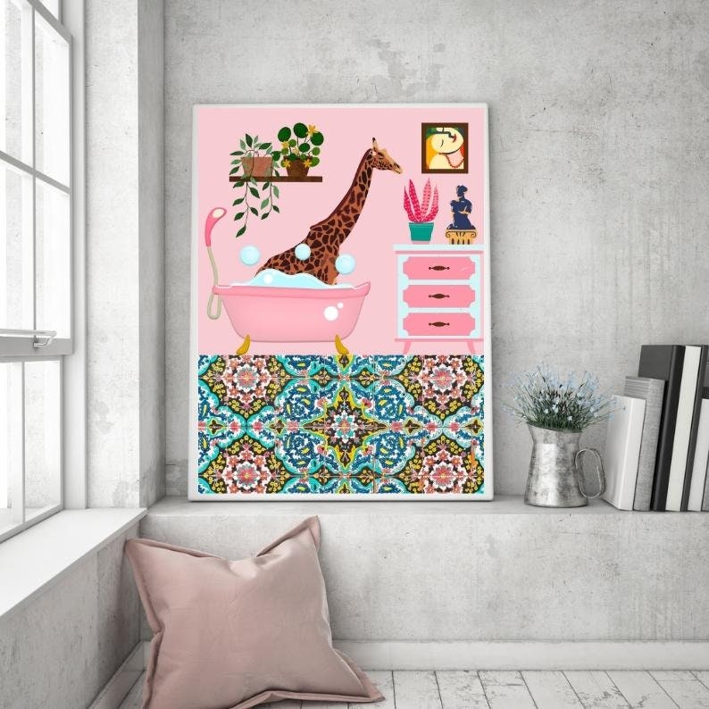 Bathing Giraffe Pink Wall Art, Animal in Bath Print, Maximalist Wall Art, Pink Giraffe Printable, Bathroom Wall Decor, DIGITAL DOWNLOAD image 3