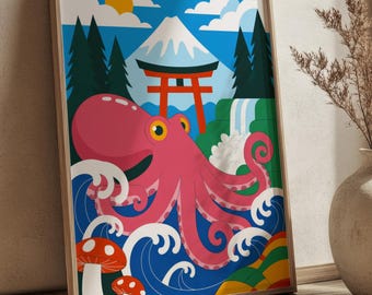 Pink Octopus with Japanese Landscape of Mount Fuji& Torii Gate Colorful Art Print DIGITAL