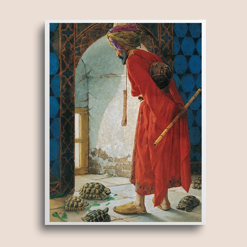 May include: A man in a red robe and a turban stands in a tiled room, holding a long wooden flute. He is looking at four small turtles on the floor. The room has a doorway with a view of a brick wall and a window.