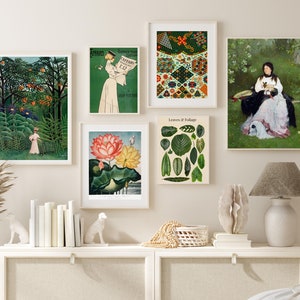 May include: A white wall gallery with five framed prints. The prints feature botanical illustrations, a woman in a garden, and a vintage magazine cover. The prints are arranged in a symmetrical pattern on the wall.