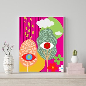 Onda ögat skog trippy väggkonst, färgglad udda affisch, nyckfull folkkonstdekor, mitten av århundradet modern abstrakt konsttryck, digital nedladdning bild 6