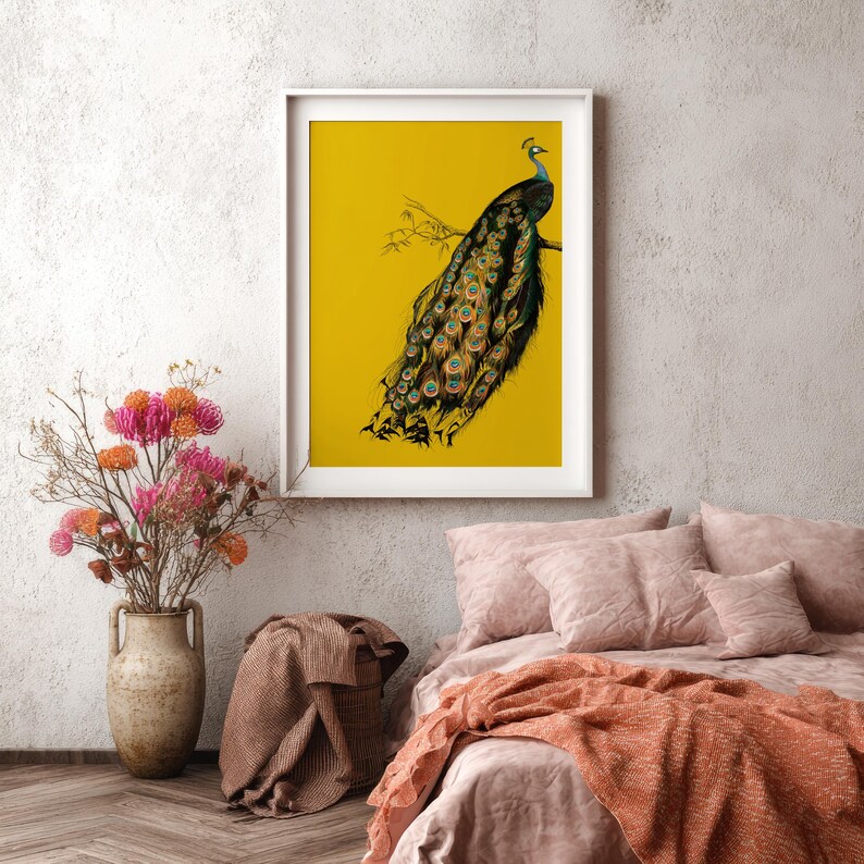 Vintage art nouveau-print pauw, mosterdgeel muurdecoratie (digitale download) afbeelding 6