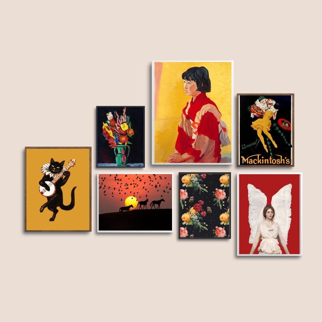 Red&yellow Wall Art Prints, Eclectic Gallery Wall Set of 7,maximalist