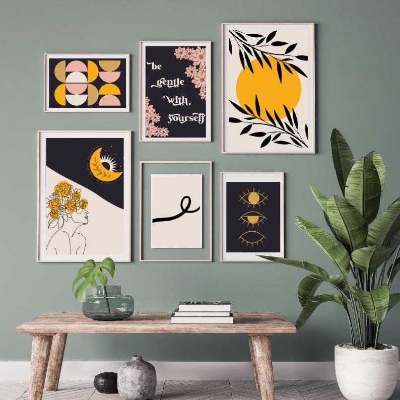 Mustard Yellow Boho Gallery Wall Set of 7 Flower Woman Head - Etsy