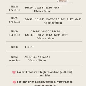May include: A chart showing different aspect ratios for digital files, including 4:5, 3:4, 2:3, and A series. The chart lists the dimensions in inches and centimeters. The text "You will receive 5 high resolution (300 dpi) jpeg files" is also included.