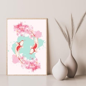 May include: A watercolor painting of two koi fish swimming in a circle, surrounded by pink cherry blossoms. The background is a light blue watercolor wash.