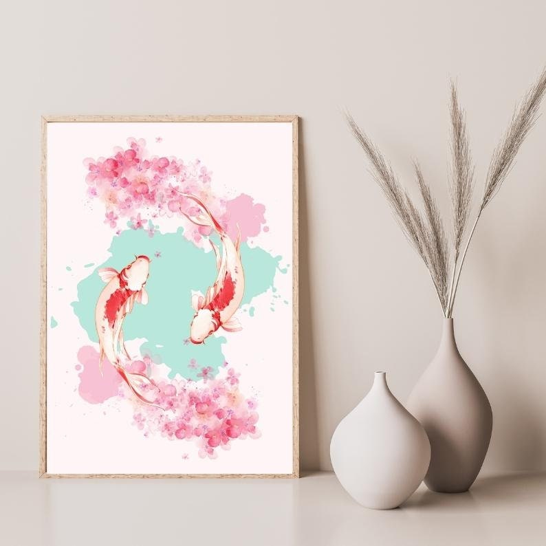 May include: A watercolor painting of two koi fish swimming in a circle, surrounded by pink cherry blossoms. The background is a light blue watercolor wash.